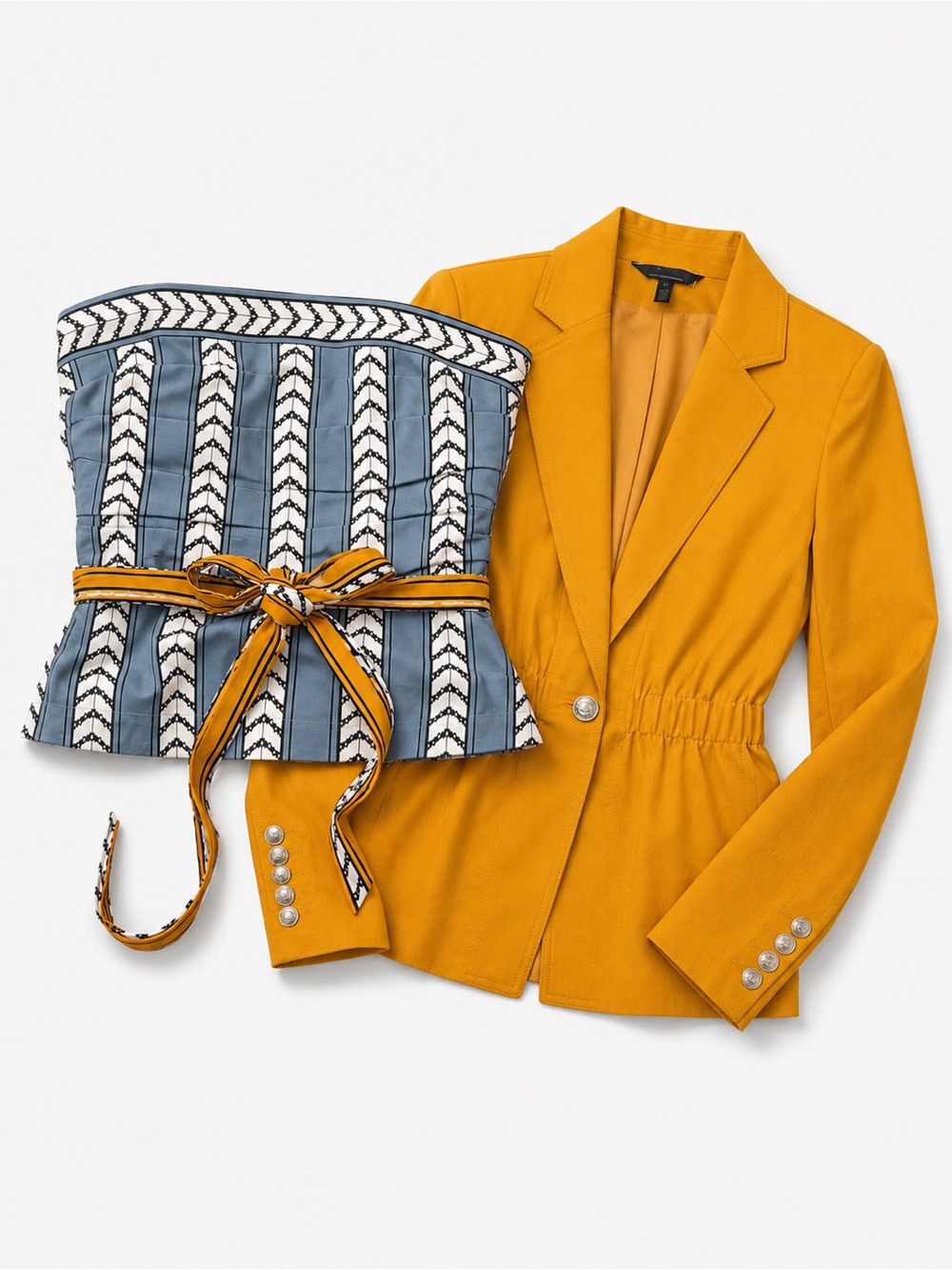 WHBM Matching Set – Mustard Ruched Blazer (NWT) + Peplum Top (NWOT) - Size 14